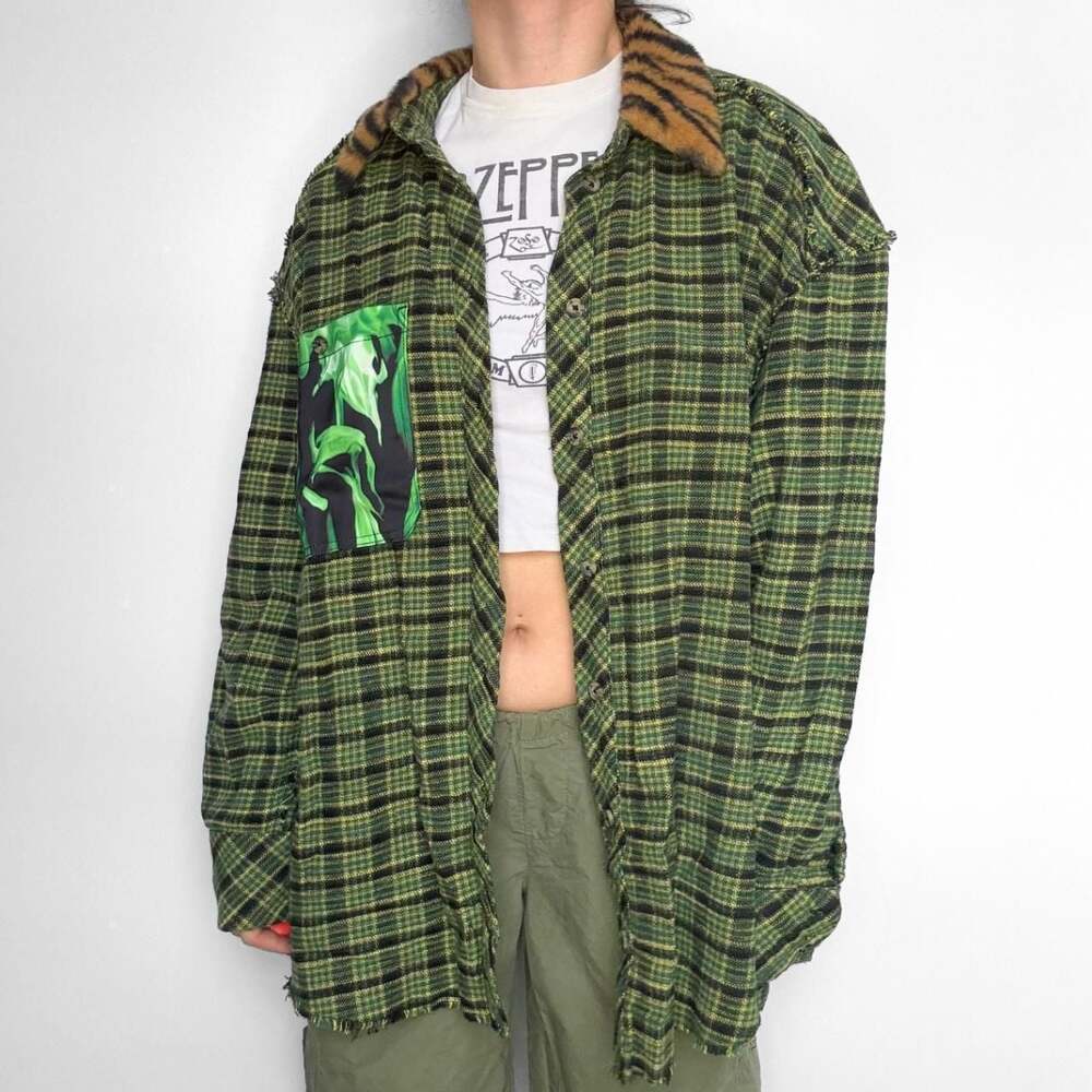 Urban Outfitters Green Plaid Flannel Shirt with Tiger Print Collar and Flame Poc